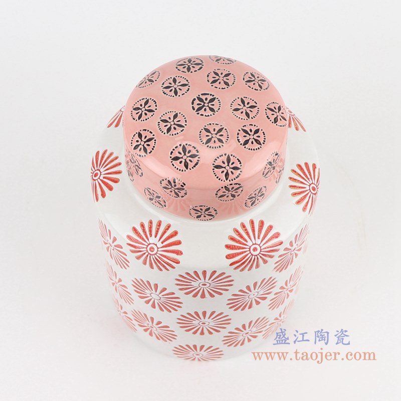 粉红花卉直筒茶叶罐;产品编号:RZTO21 产品尺寸(单位cm): 高:20.3直径:14.5口径:底径:13.6重量:1.3KG