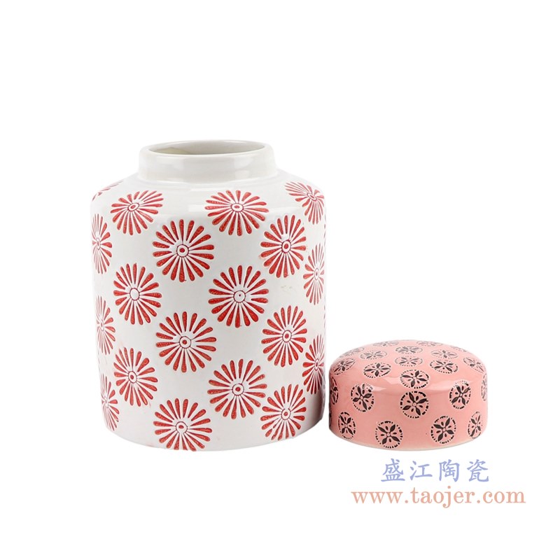 粉红花卉直筒茶叶罐;产品编号:RZTO21 产品尺寸(单位cm): 高:20.3直径:14.5口径:底径:13.6重量:1.3KG