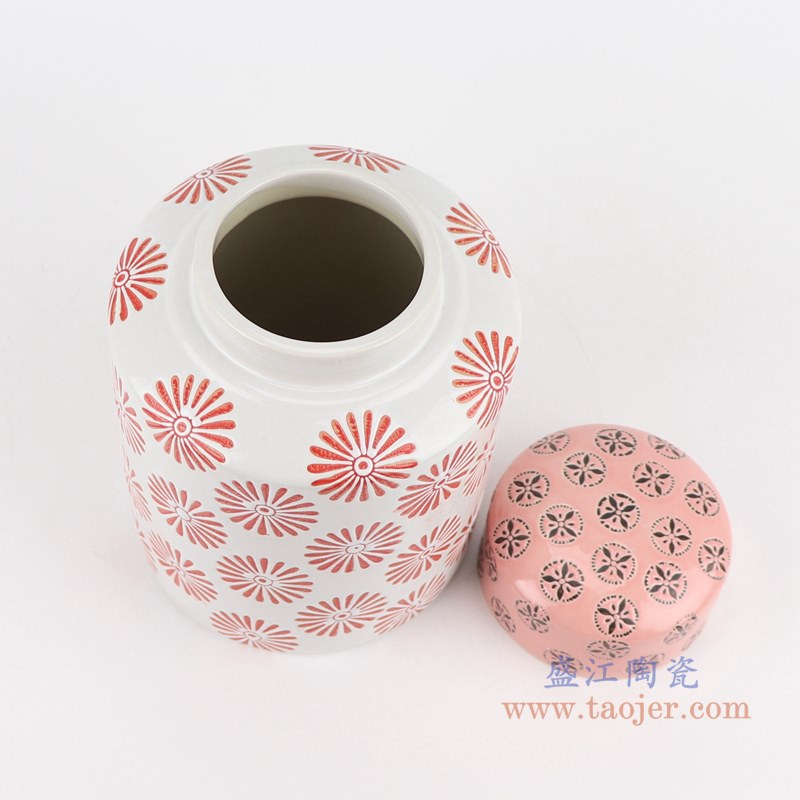 粉红花卉直筒茶叶罐;产品编号:RZTO21 产品尺寸(单位cm): 高:20.3直径:14.5口径:底径:13.6重量:1.3KG