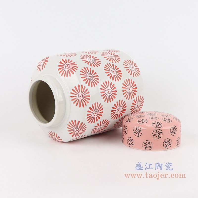 粉红花卉直筒茶叶罐;产品编号:RZTO21 产品尺寸(单位cm): 高:20.3直径:14.5口径:底径:13.6重量:1.3KG
