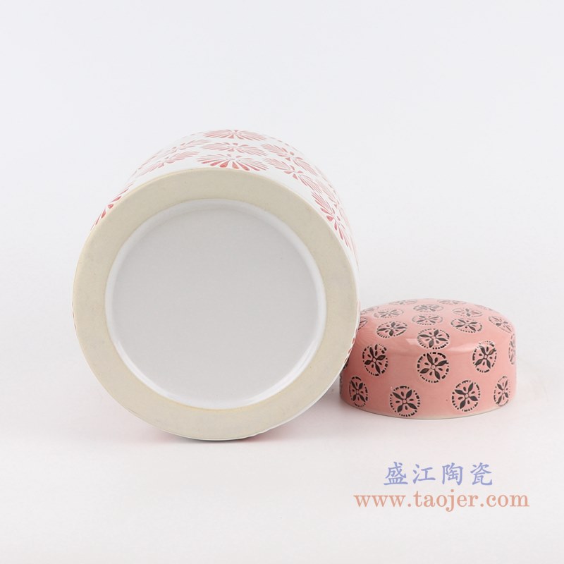 粉红花卉直筒茶叶罐;产品编号:RZTO21 产品尺寸(单位cm): 高:20.3直径:14.5口径:底径:13.6重量:1.3KG