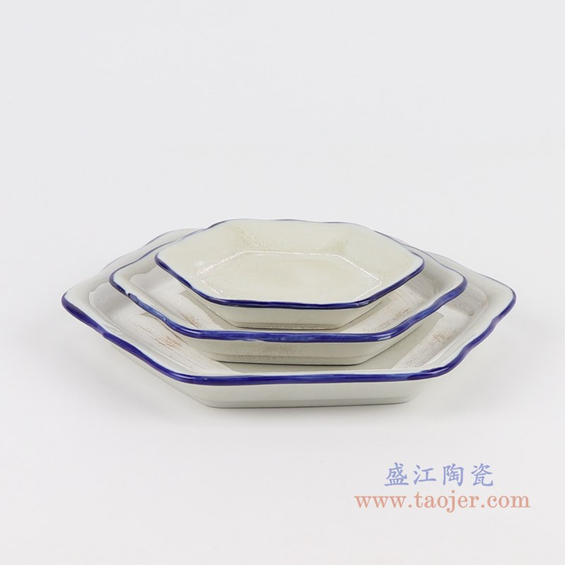 "青花花边口六边形花盆三件套;产品编号：RZTO28       产品尺寸(单位cm):  高：14 12.5 10.5直径：20 15.8 11.8口径：底径：重量：KG"
