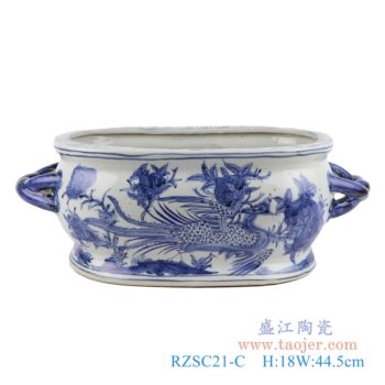 RZSC21-C  仿古青花寿桃凤凰双耳椭圆花盆    高：18直径：44.5口径：底径：32.5重量：5.15KG