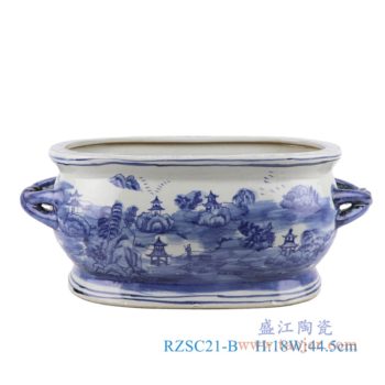 RZSC21-B   仿古青花山水双耳椭圆花盆小号    高：18直径：44.5口径：底径：32.5重量：5.15KG