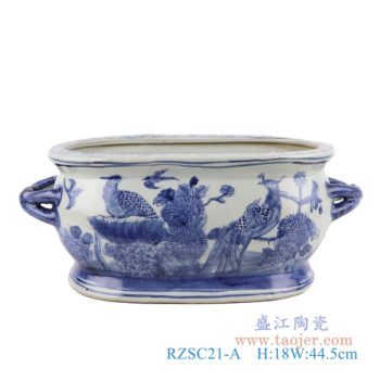RZSC21-A   仿古青花花鸟凤凰双耳椭圆花盆小号   高：18直径：44.5口径：底径：32.5重量：5.15KG