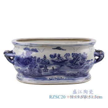 RZSC20   仿古青花山水双耳椭圆花盆大号     高：19.5直径：51.3口径：底径：39重量：8.55KG