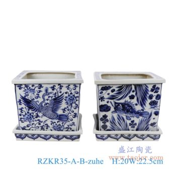 RZKR35-A-B-zuhe    青花仙鹤纹鱼藻纹带底托四方花盆组合图