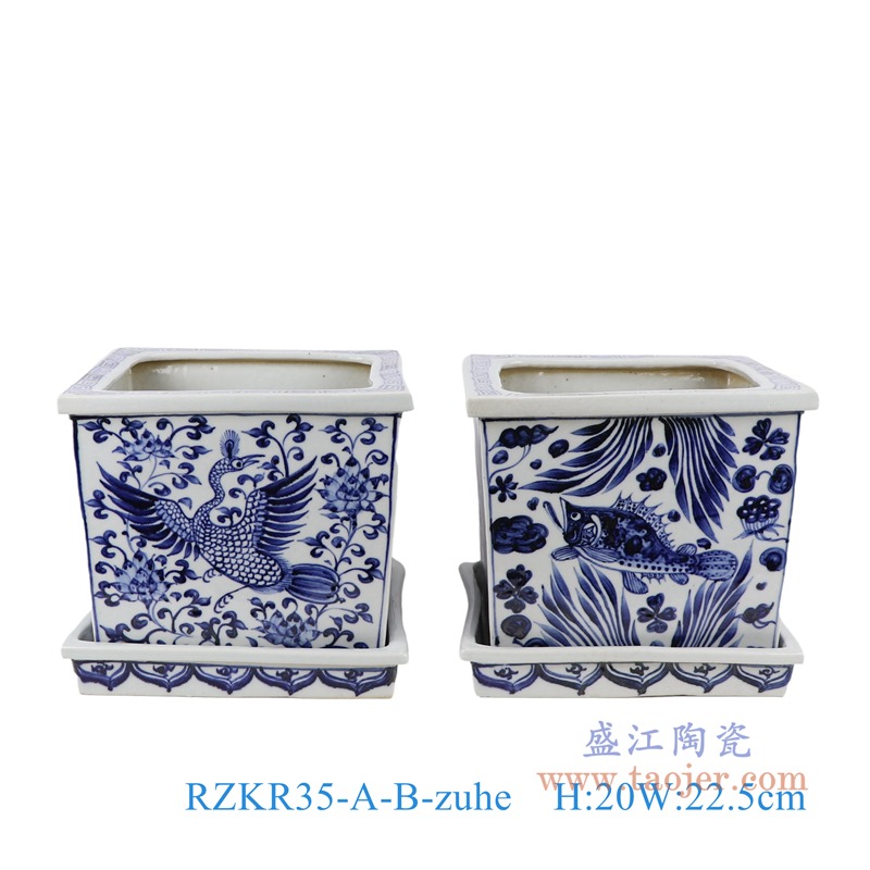 青花仙鹤纹鱼藻纹带底托四方花盆组合图;产品编号：RZKR35-A-B-zuhe       