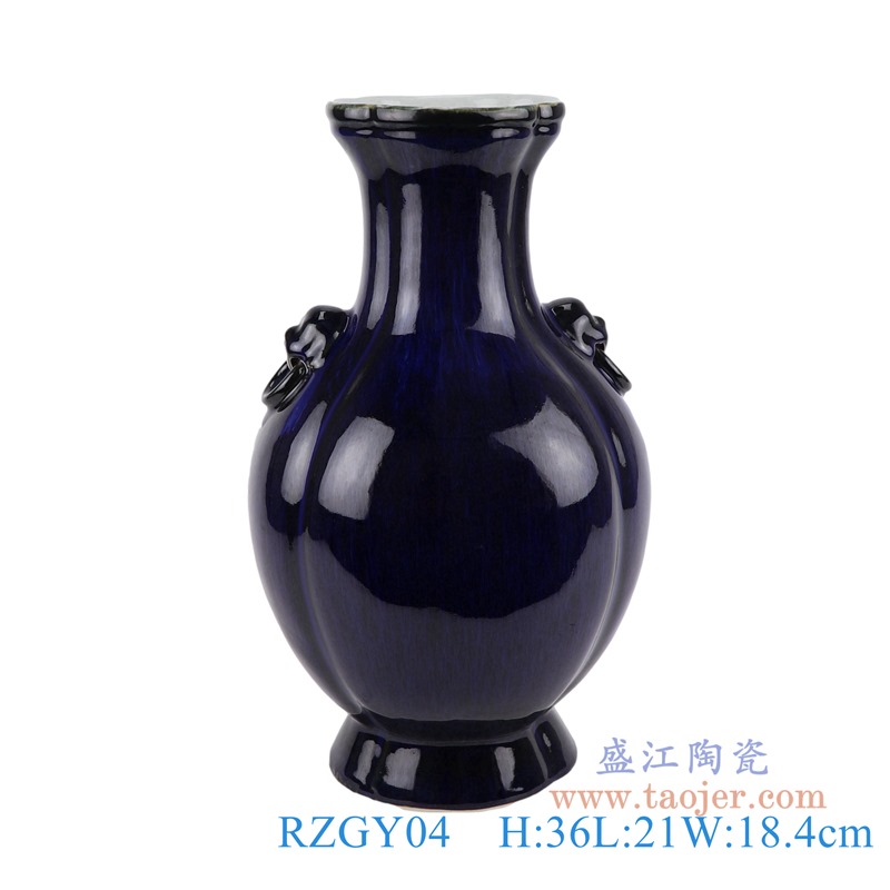 颜色釉黑色花口狮子双耳鱼尾瓶;产品编号：RZGY04       产品尺寸(单位cm):  高：36直径：21口径：底径：13.3重量：3KG