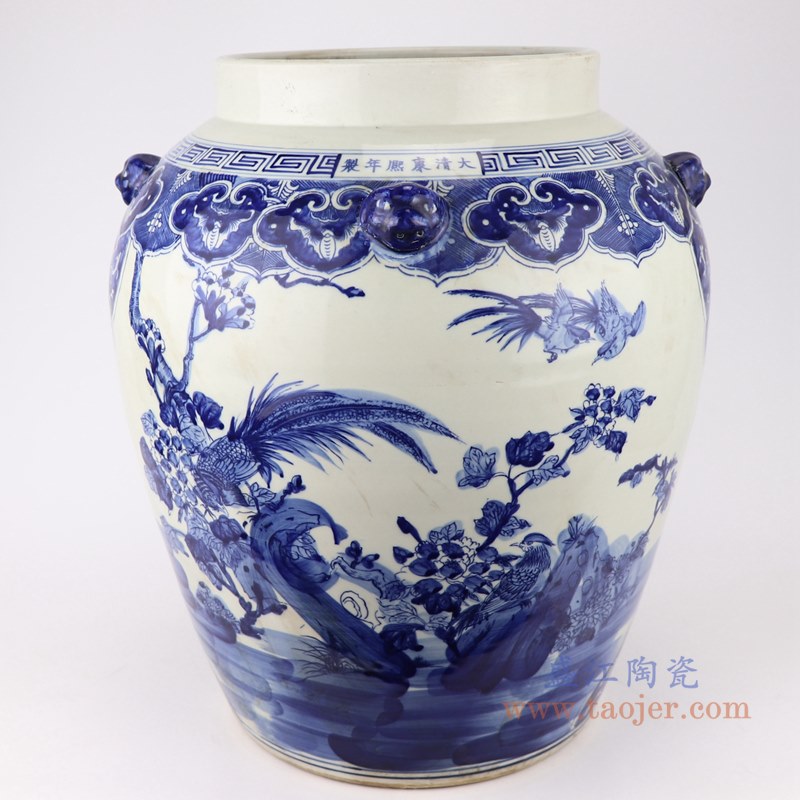 青花狮子头花鸟将军罐盖罐;产品编号：RZKM08       产品尺寸(单位cm):  高：62直径：40口径：底径：27.5重量：17.25KG