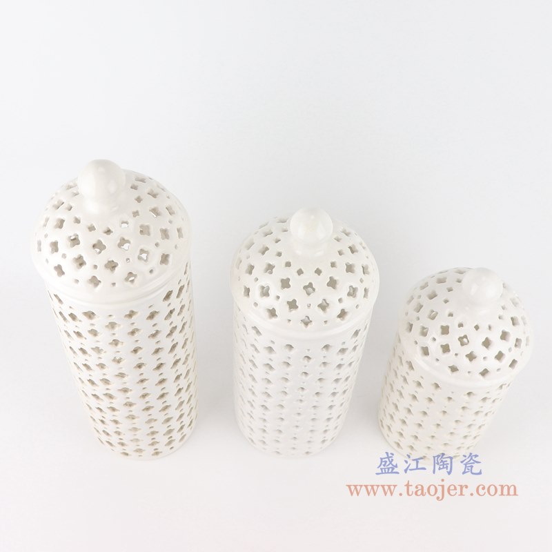 白色纯白镂空直筒盖罐三件套;产品编号：RYZS57-rzka       产品尺寸(单位cm):  高：直径：口径：底径：12.2重量：KG