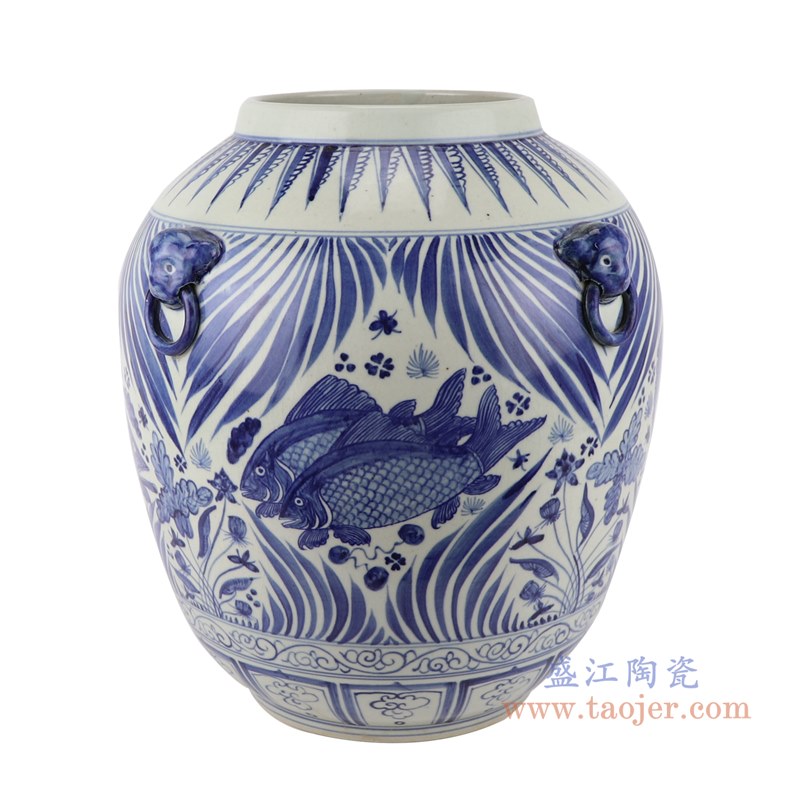 青花鱼藻纹狮子头将军罐大肚盖罐;产品编号:RZFH32 产品尺寸(单位cm): 高:50直径:36.8口径:底径:19重量:11.4KG
