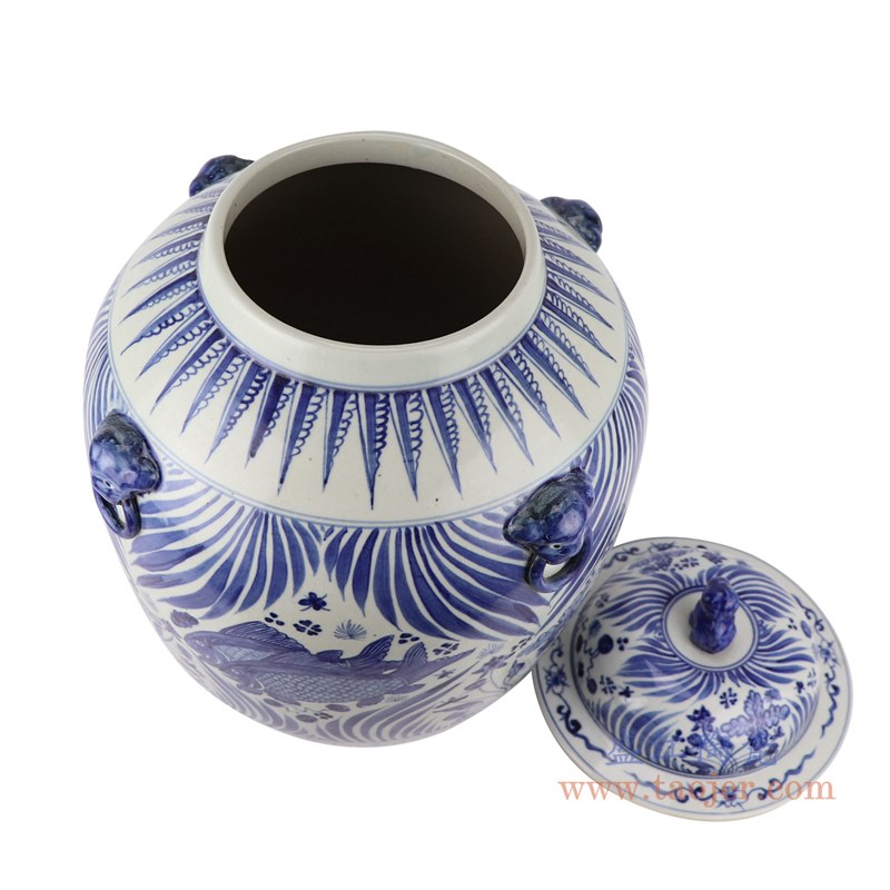 青花鱼藻纹狮子头将军罐大肚盖罐;产品编号:RZFH32 产品尺寸(单位cm): 高:50直径:36.8口径:底径:19重量:11.4KG