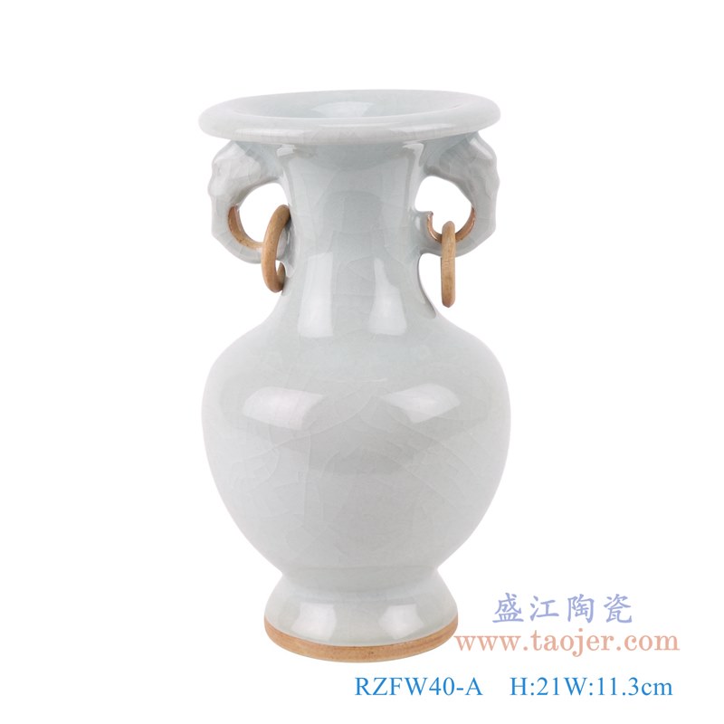 颜色釉窑变钧瓷白色双耳瓶;产品编号：RZFW40-A       产品尺寸(单位cm):  高：21直径：11.3口径：底径：7.2重量：0.75KG