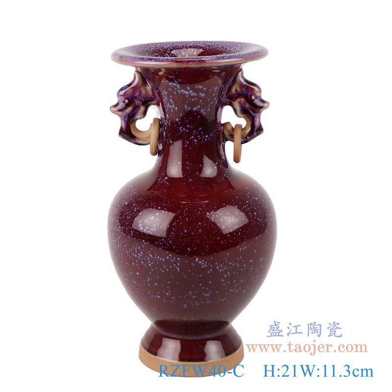 颜色釉窑变钧瓷蓝点红色双耳瓶;产品编号：RZFW40-C       产品尺寸(单位cm):  高：21直径：11.3口径：底径：7.2重量：0.75KG