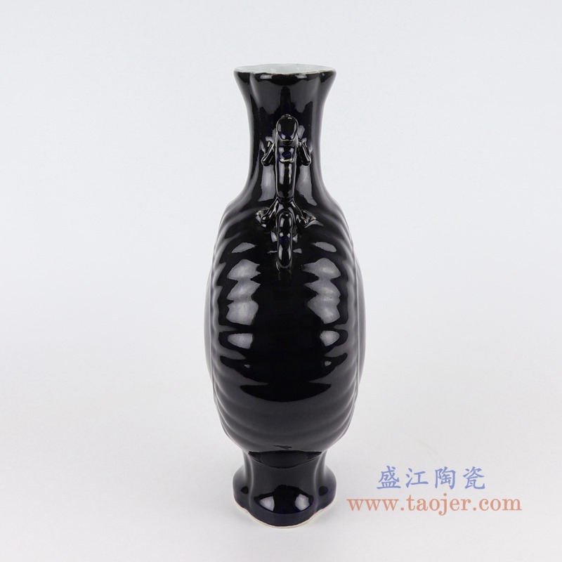 颜色釉黑色龙双耳花口抱月瓶;产品编号：RZGY05       产品尺寸(单位cm):  高：35.7直径：21.5口径：底径：11.5重量：2.6KG