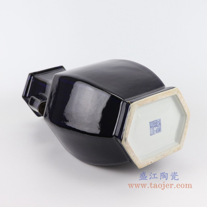 颜色釉黑色六边六面六方双耳瓶;产品编号：RZGY08 产品尺寸(单位cm): 高：37直径：21口径：底径：14.5重量：3.2KG