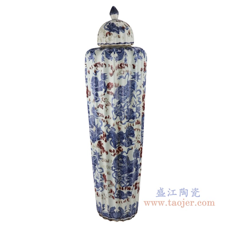 青花釉里红狮子纹瓜楞竖纹长冬瓜将军罐;产品编号：RZKJ07       产品尺寸(单位cm):  高：74直径：19.5口径：底径：15.5重量：8.4KG