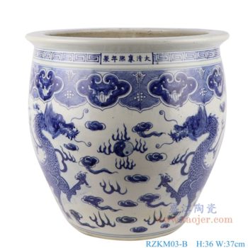 RZKM03-B    青花双龙戏珠龙纹大缸水缸      高：36直径：37口径：底径：23重量：11.2KG