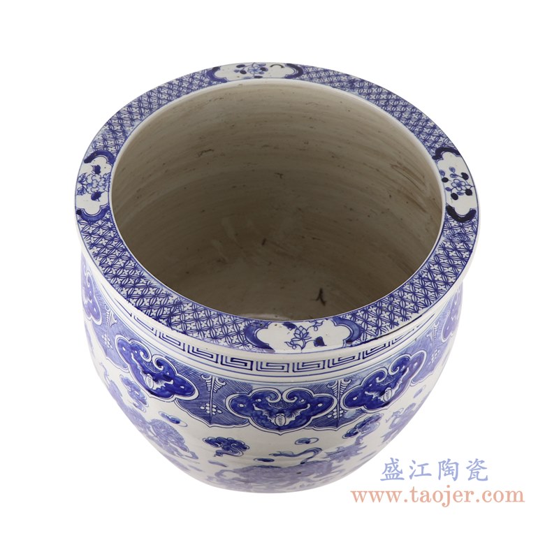 青花狮子绣球纹大缸水缸;产品编号：RZKM03-C       产品尺寸(单位cm):  高：36直径：37口径：底径：23重量：11.2KG