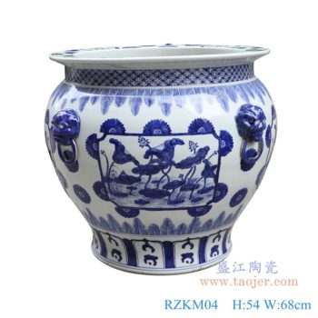 RZKM04   青花狮子头开窗荷花大缸水缸      高：54直径：68口径：底径：重量：KG