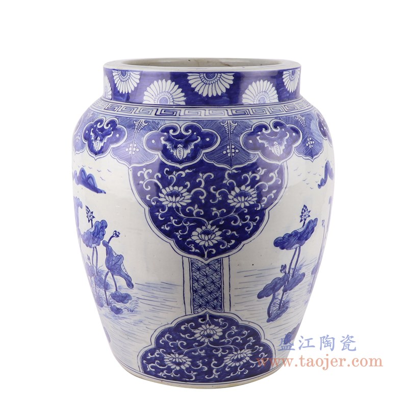 青花荷花直筒罐子缸;产品编号：RZKM05-A       产品尺寸(单位cm):  高：46.3直径：36.2口径：底径：25重量：12.5KG