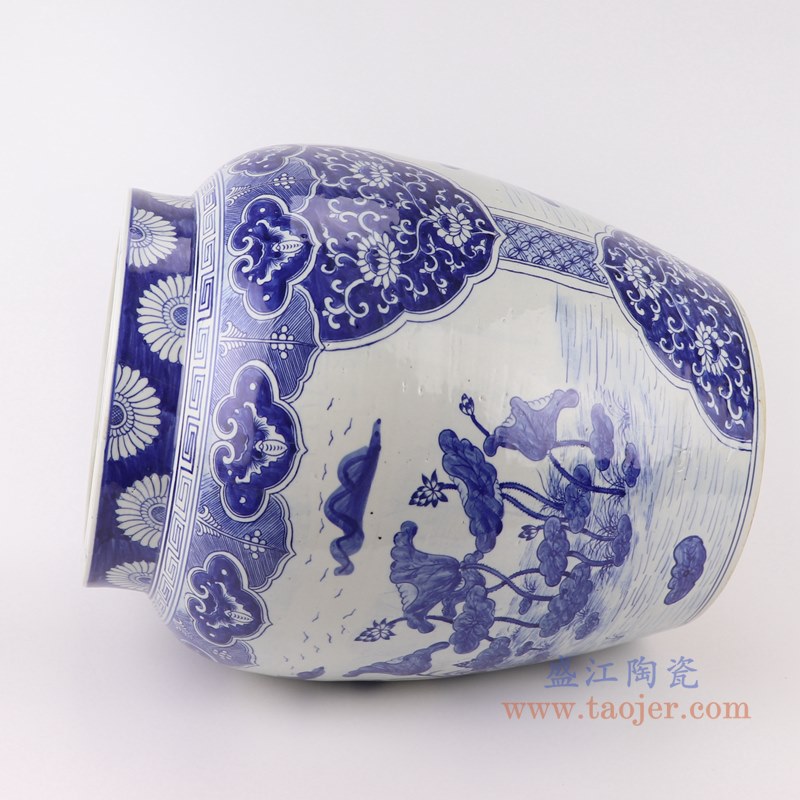 青花荷花直筒罐子缸;产品编号：RZKM05-A       产品尺寸(单位cm):  高：46.3直径：36.2口径：底径：25重量：12.5KG