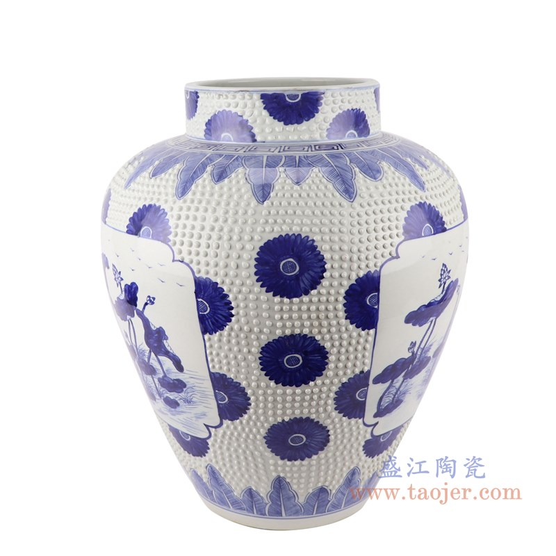 青花开窗荷花纹雕刻白圆点罐子花瓶;产品编号：RZKM06-A       产品尺寸(单位cm):  高：43.8直径：36口径：底径：20.2重量：11.7KG