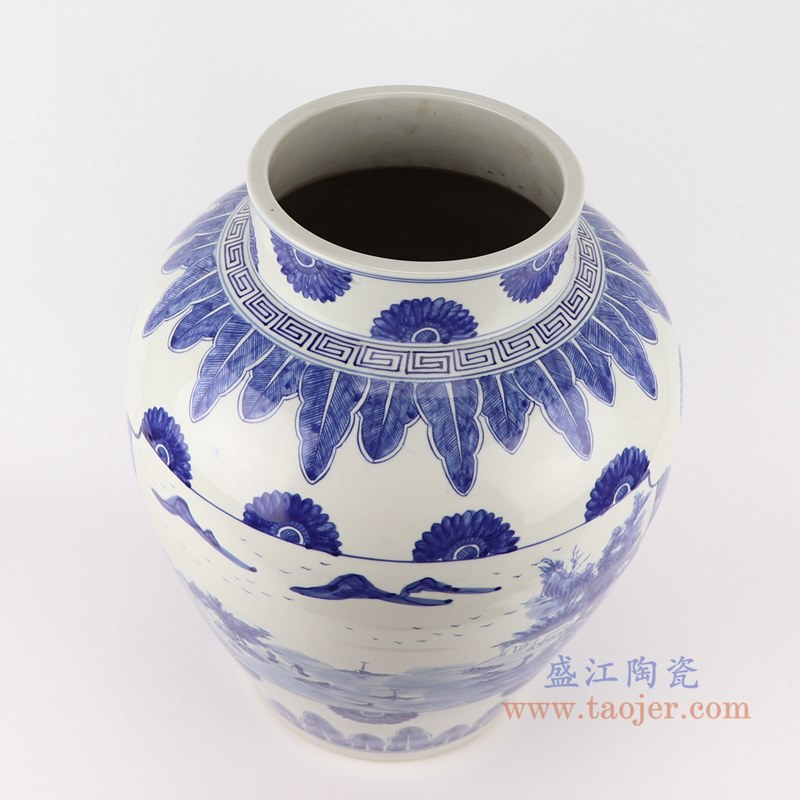 青花开窗山水罐子花瓶;产品编号：RZKM06-B       产品尺寸(单位cm):  高：43.3直径：35口径：底径：20.5重量：11.2KG