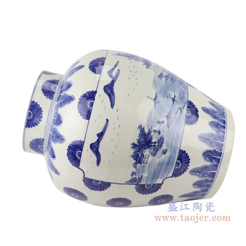 青花开窗山水罐子花瓶;产品编号：RZKM06-B       产品尺寸(单位cm):  高：43.3直径：35口径：底径：20.5重量：11.2KG