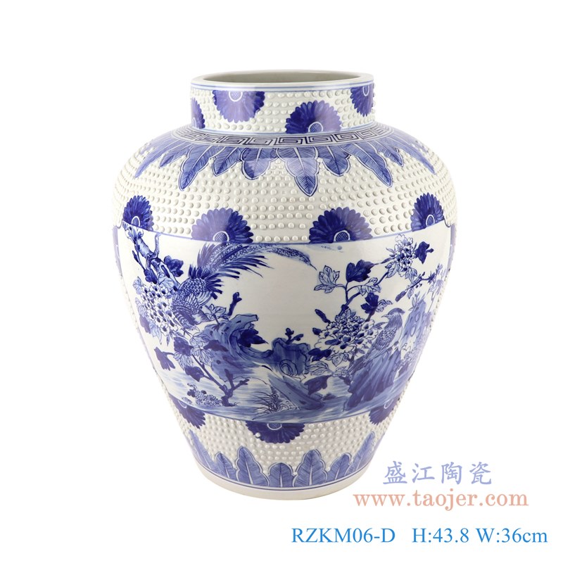 青花开窗花鸟雕刻白圆点罐子花瓶;产品编号：RZKM06-D       产品尺寸(单位cm):  高：43.8直径：36口径：底径：20.2重量：11.7KG