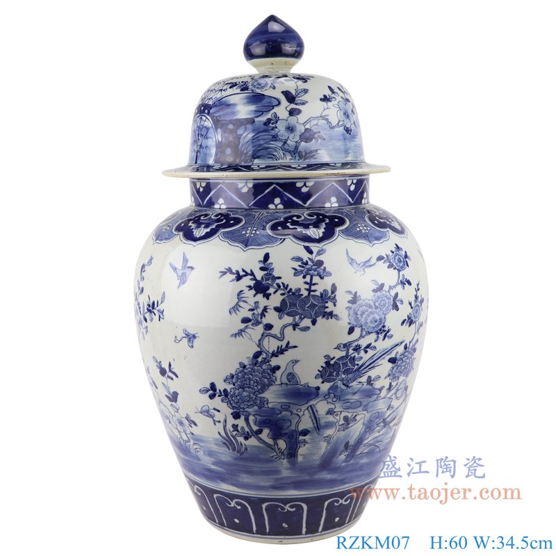 青花花鸟将军罐;产品编号:RZKM07 产品尺寸(单位cm): 高:60直径:34.5口径:底径:19.6重量:10.7KG