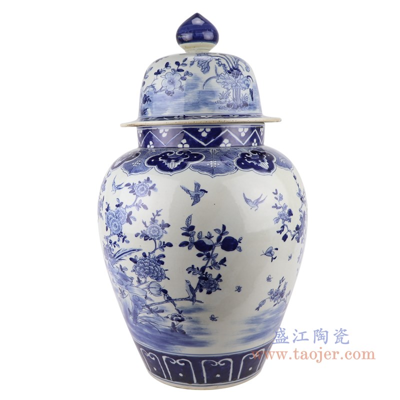 青花花鸟将军罐;产品编号:RZKM07 产品尺寸(单位cm): 高:60直径:34.5口径:底径:19.6重量:10.7KG