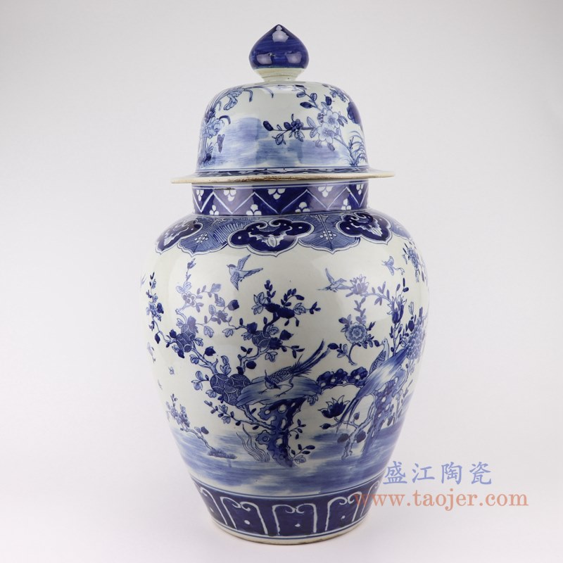 青花花鸟将军罐;产品编号:RZKM07 产品尺寸(单位cm): 高:60直径:34.5口径:底径:19.6重量:10.7KG