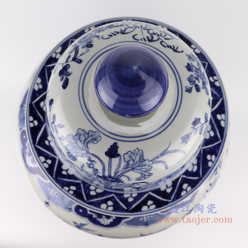青花花鸟将军罐;产品编号:RZKM07 产品尺寸(单位cm): 高:60直径:34.5口径:底径:19.6重量:10.7KG