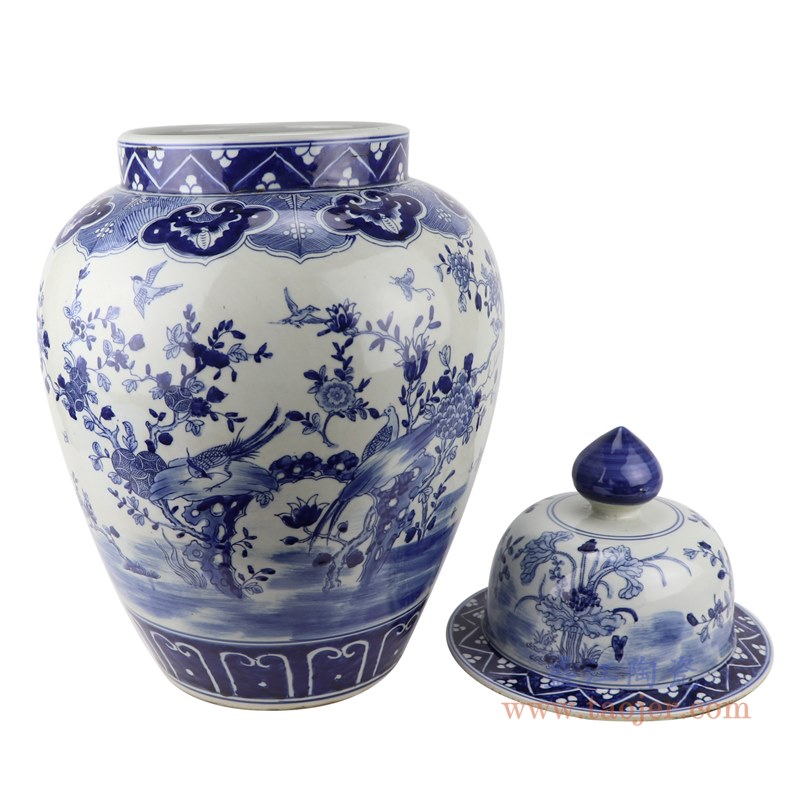 青花花鸟将军罐;产品编号:RZKM07 产品尺寸(单位cm): 高:60直径:34.5口径:底径:19.6重量:10.7KG