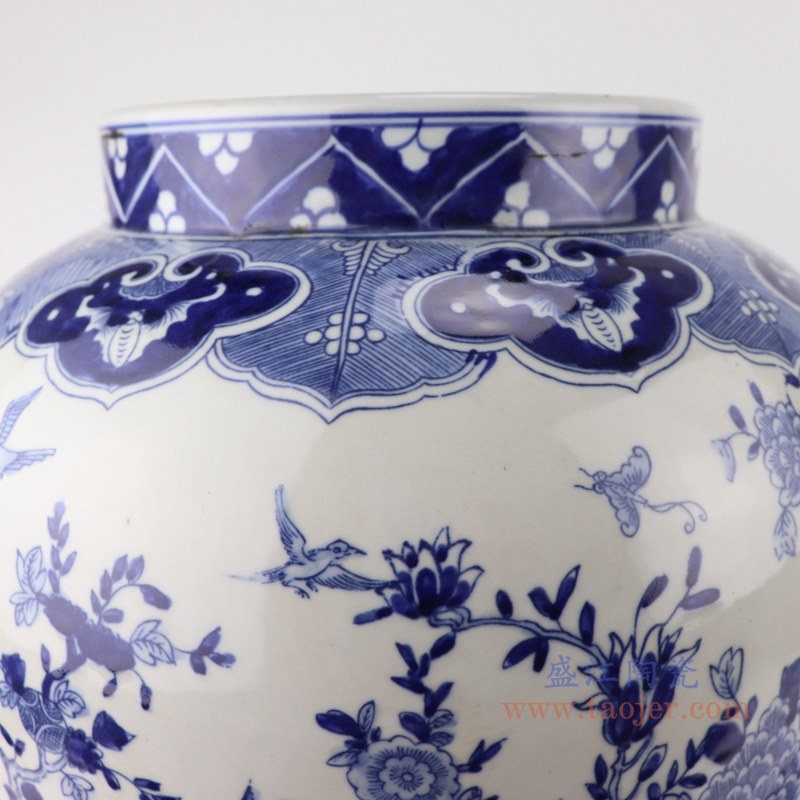 青花花鸟将军罐;产品编号:RZKM07 产品尺寸(单位cm): 高:60直径:34.5口径:底径:19.6重量:10.7KG