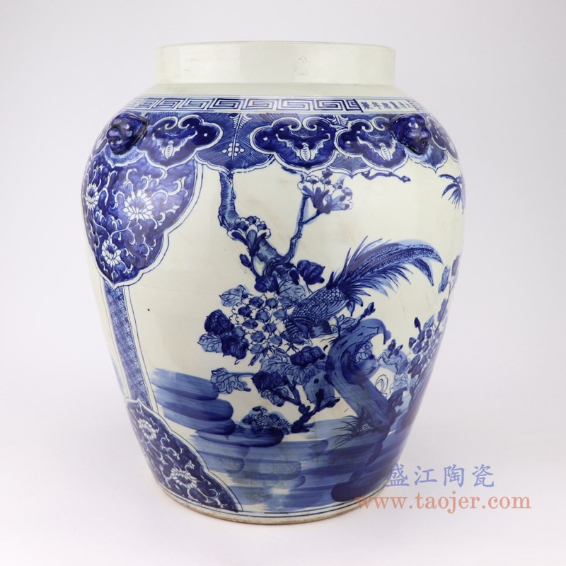 RZKM08    青花狮子头花鸟将军罐盖罐     高：62直径：40口径：底径：27.5重量：17.25KG