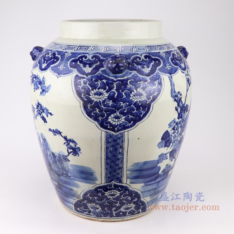 青花狮子头花鸟将军罐盖罐;产品编号：RZKM08       产品尺寸(单位cm):  高：62直径：40口径：底径：27.5重量：17.25KG