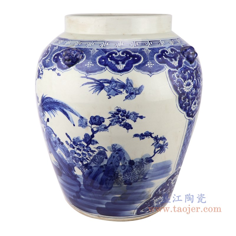 青花狮子头花鸟将军罐盖罐;产品编号：RZKM08       产品尺寸(单位cm):  高：62直径：40口径：底径：27.5重量：17.25KG