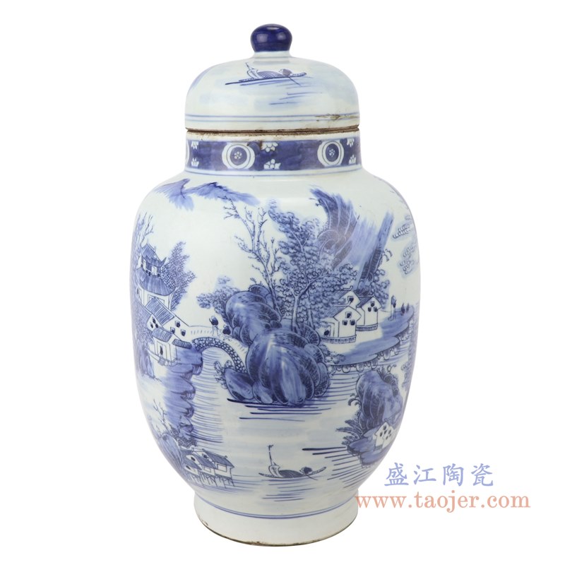青花山水冬瓜罐将军罐;产品编号:RZKM10-A 产品尺寸(单位cm): 高:39.1直径:21.9口径:底径:13重量:3.3KG
