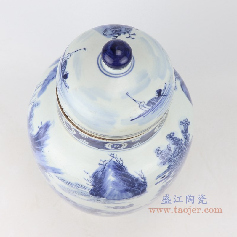 青花山水冬瓜罐将军罐;产品编号:RZKM10-A 产品尺寸(单位cm): 高:39.1直径:21.9口径:底径:13重量:3.3KG