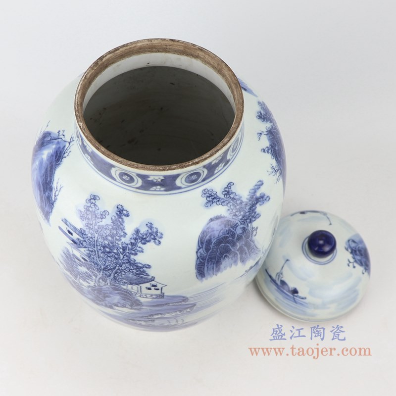 青花山水冬瓜罐将军罐;产品编号:RZKM10-A 产品尺寸(单位cm): 高:39.1直径:21.9口径:底径:13重量:3.3KG