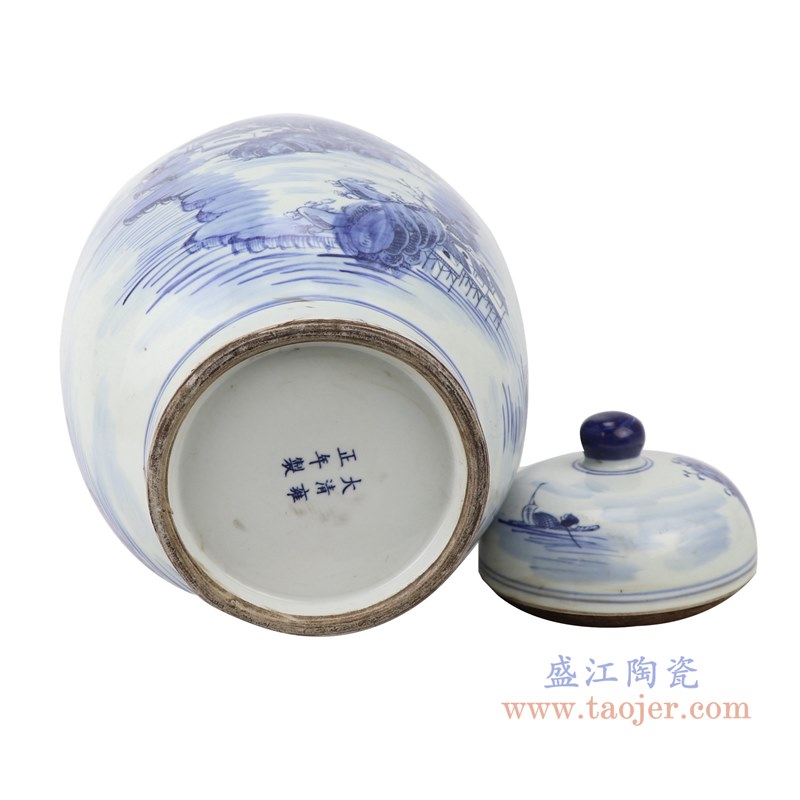 青花山水冬瓜罐将军罐;产品编号:RZKM10-A 产品尺寸(单位cm): 高:39.1直径:21.9口径:底径:13重量:3.3KG