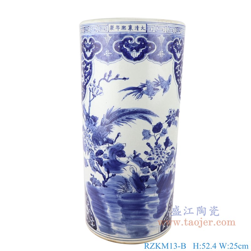 青花花鸟箭筒伞筒;产品编号:RZKM13-B 产品尺寸(单位cm): 高:52.4直径:25口径:底径:重量:9.25KG