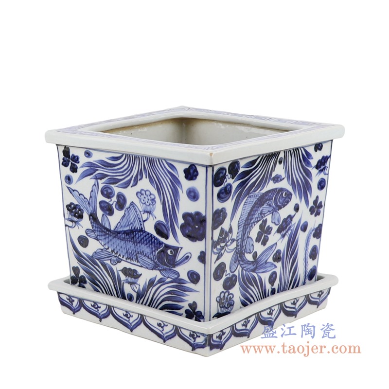 青花鱼藻纹带底托四方花盆;产品编号：RZKR35-B       产品尺寸(单位cm):  高：20直径：22.5口径：底径：18.5重量：4.3KG