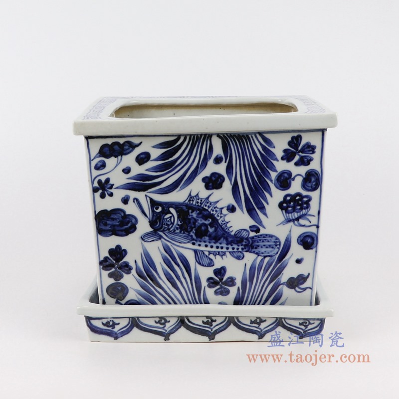 青花鱼藻纹带底托四方花盆;产品编号：RZKR35-B       产品尺寸(单位cm):  高：20直径：22.5口径：底径：18.5重量：4.3KG