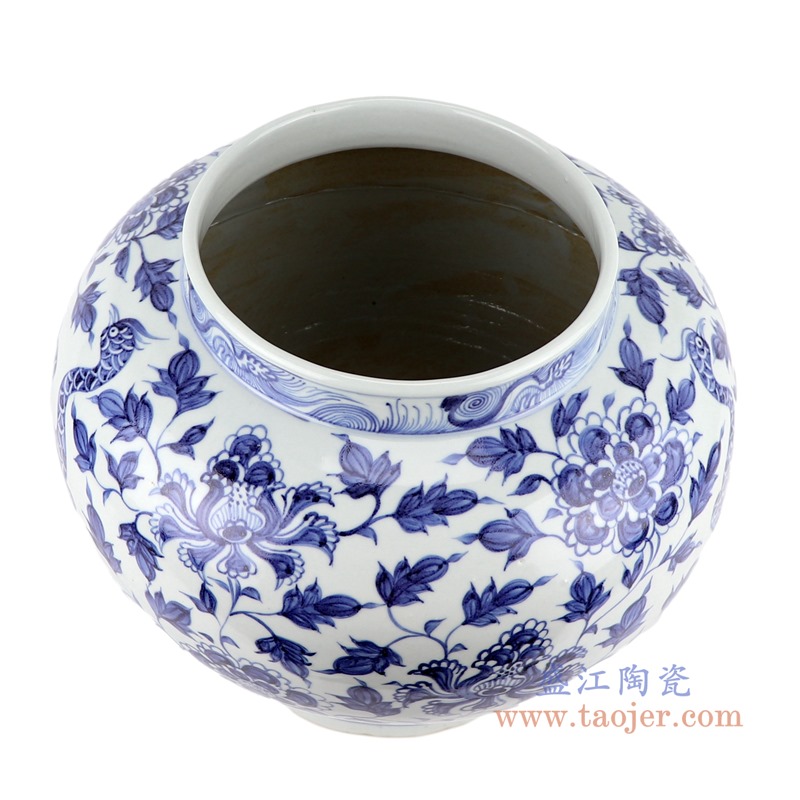仿古元青花牡丹孔雀纹大罐;产品编号：RZKR36-A       产品尺寸(单位cm):  高：28.5直径：35口径：底径：21重量：5.75KG