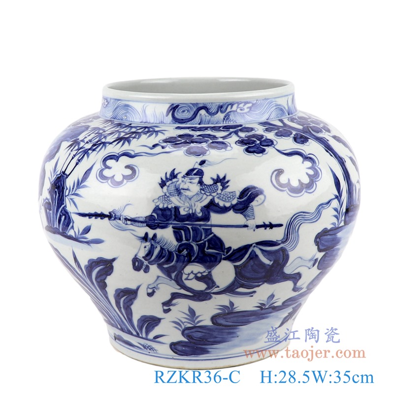 仿古元青花人物战将大罐;产品编号：RZKR36-C       产品尺寸(单位cm):  高：28.5直径：35口径：底径：21重量：5.75KG