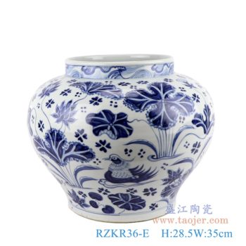 RZKR36-E   仿古元青花鸳鸯戏水荷花纹大罐    高：28.5直径：35口径：底径：21重量：5.75KG
